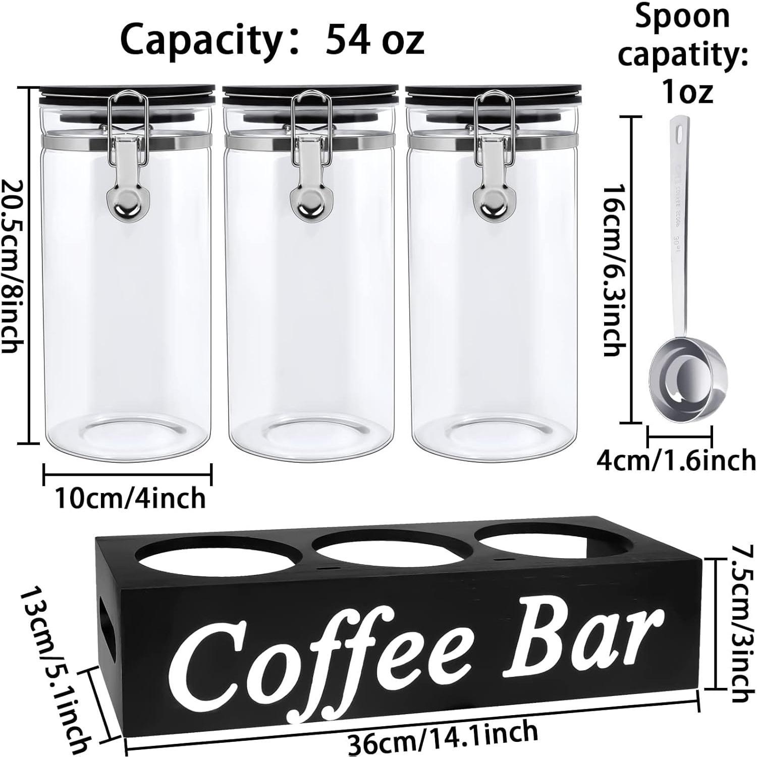 SUNDAY MIRTH 3 count Glass Coffee Containers with Shelf 54 oz Coffee Station Organizer Glass Bean Storage with Spoon Canister Set Jars with Airtight Locking Clamp for Bean Sugar Nuts