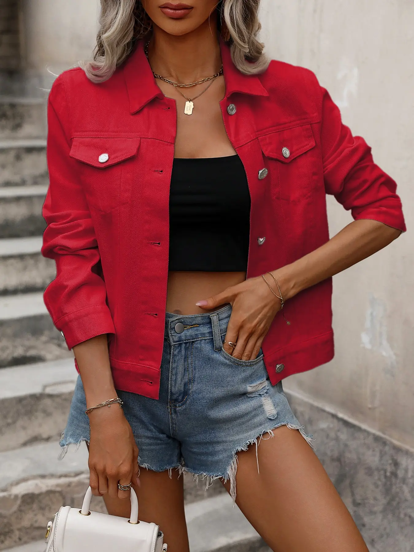 Women's Short Denim Jacket, Lapel Long Sleeve Button Front, Street Party Layering Casual Outerwear, Trendy Fashion Top, Fashion Fit Jacket