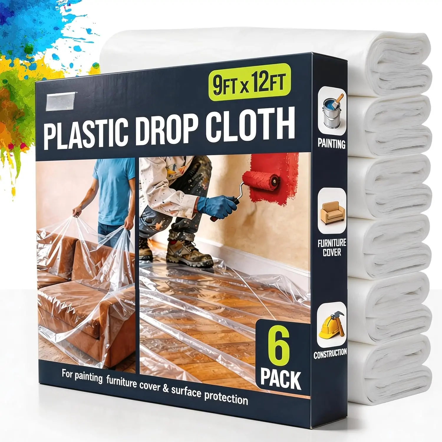 12 x 9 Ft Drop Cloths (6-Pack) - Plastic Sheeting & Painters Plastic Tarps for Painting,  Floor & Furniture Protection