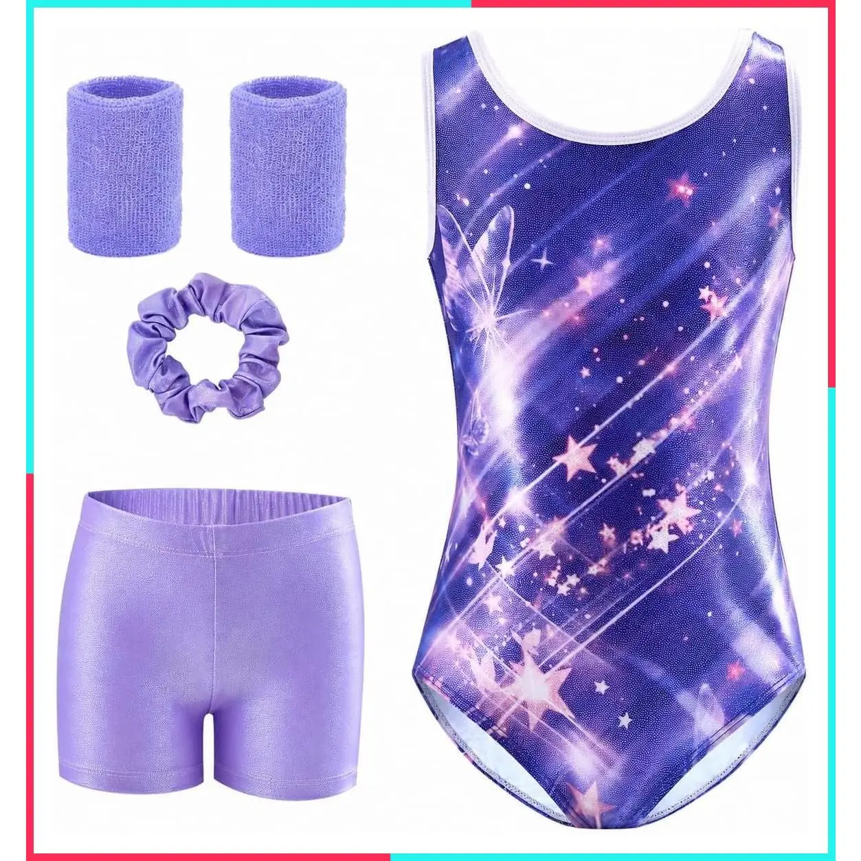 Girls' Gymnastics Leotard Set 5-Piece Outfit for Ages 3-12, Sleeveless Stretchy Leotard with Matching Scrunchie, Shorts & Wristbands for Tumbling Practice