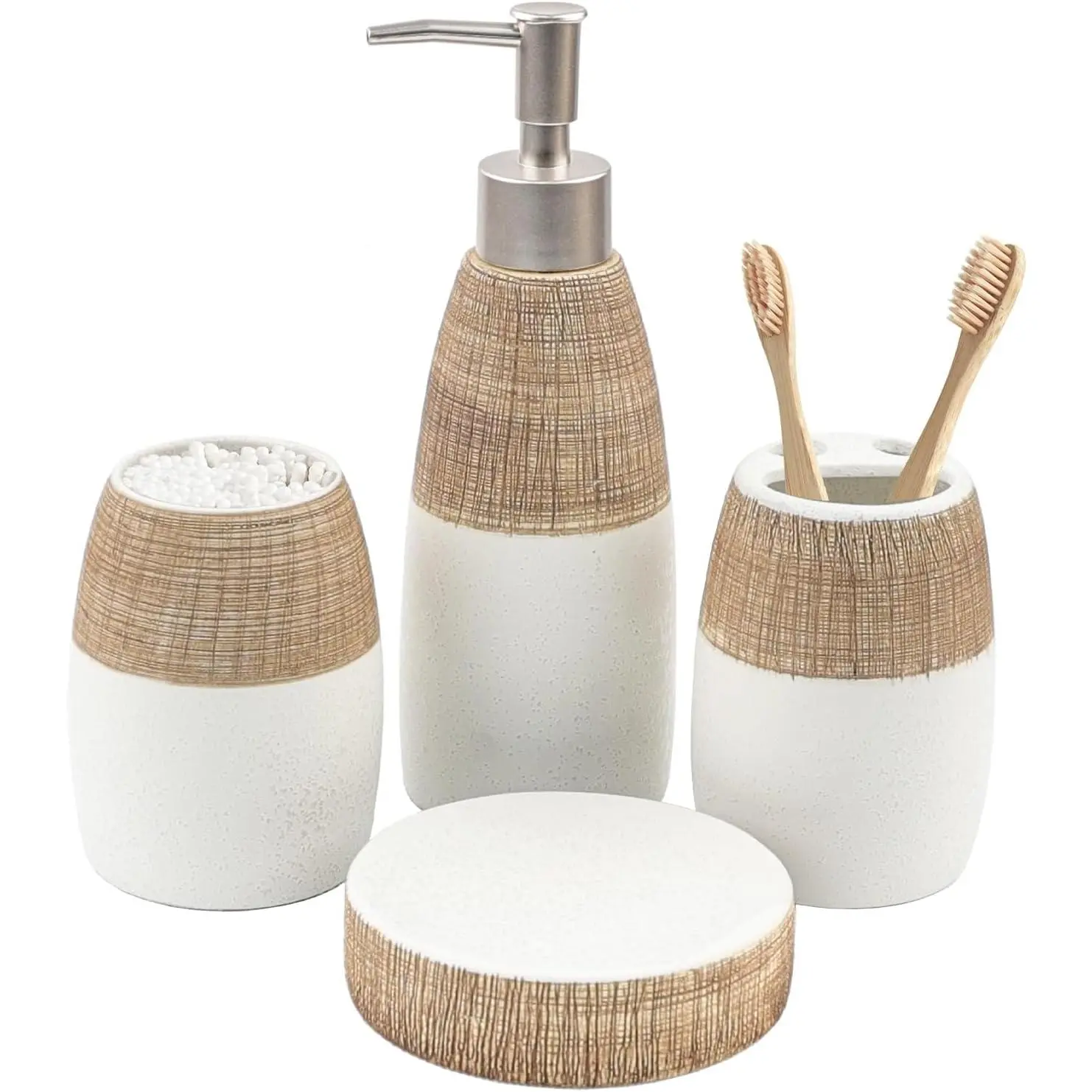 CERBIOR Bathroom Accessories Set,4 PCS Ceramic Bath Accessory,Brown White| Includes Toothbrush Holder, Toothbrush Cup, Soap Dish for Decorative Countertop and Housewarming Gift