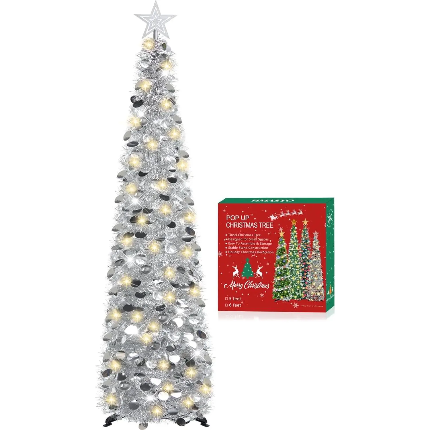 5 FT Pop Up Christmas Tree with Timer Lights, Silver Christmas Tinsel Tree, Collapsible Artificial Pencil Christmas Tree for Indoor Home Apartment Porch Holiday Party Decorations