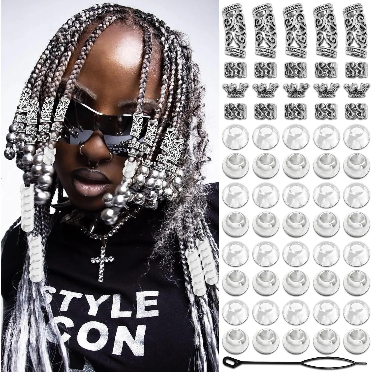 60 count  Hair Beads for Braid  Hair  Nordic Runes Tube Beads Muti Styles Loc Dreadlock Accessories  Metal Hair Cuffs Clips Rings for Women and Men