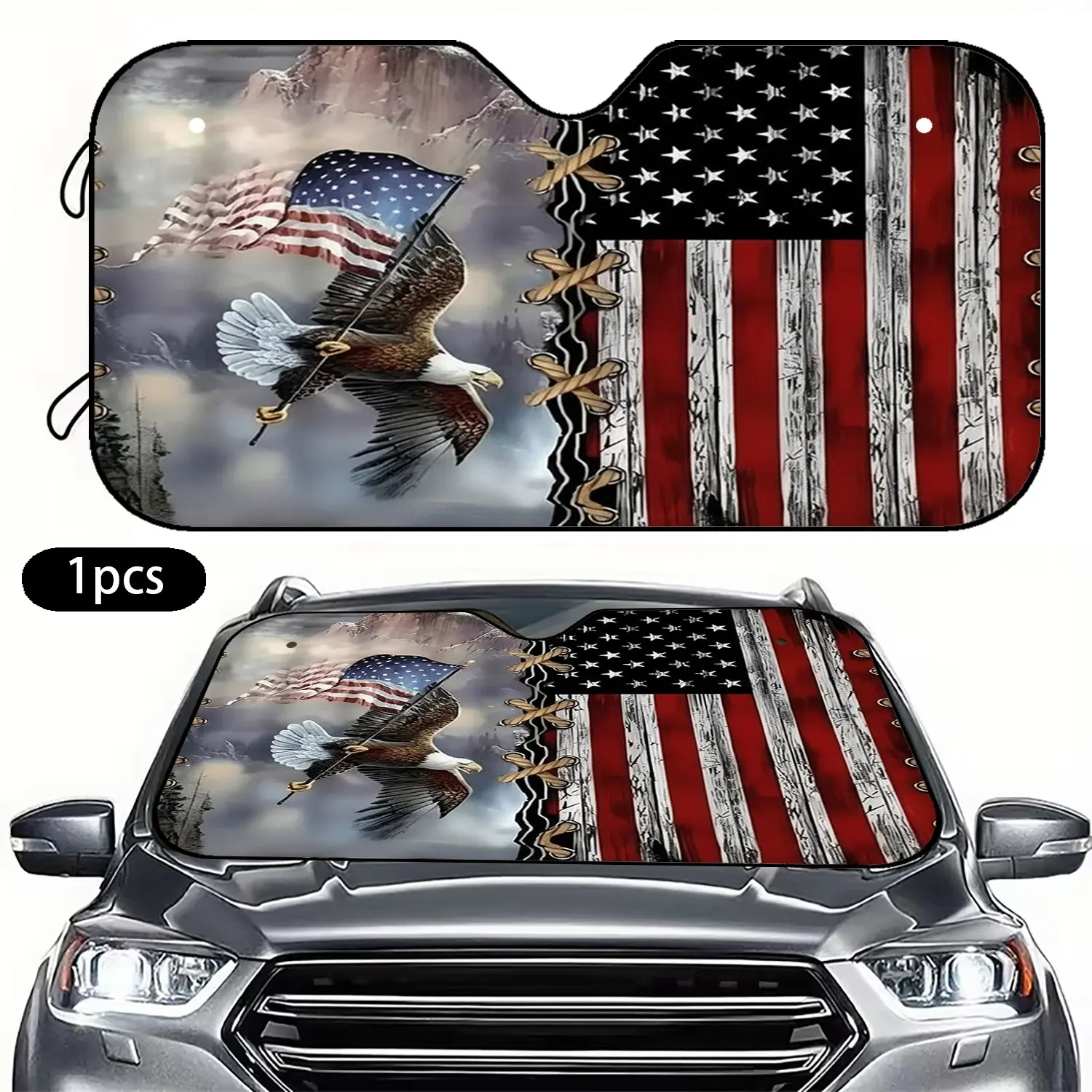 Eagle Soar American Flag Car Sunshade, Polyester Reel Front Window Windshield Sun Shade Protector, Universal Vehicle Sunshield for Cars, Trucks, Suvs