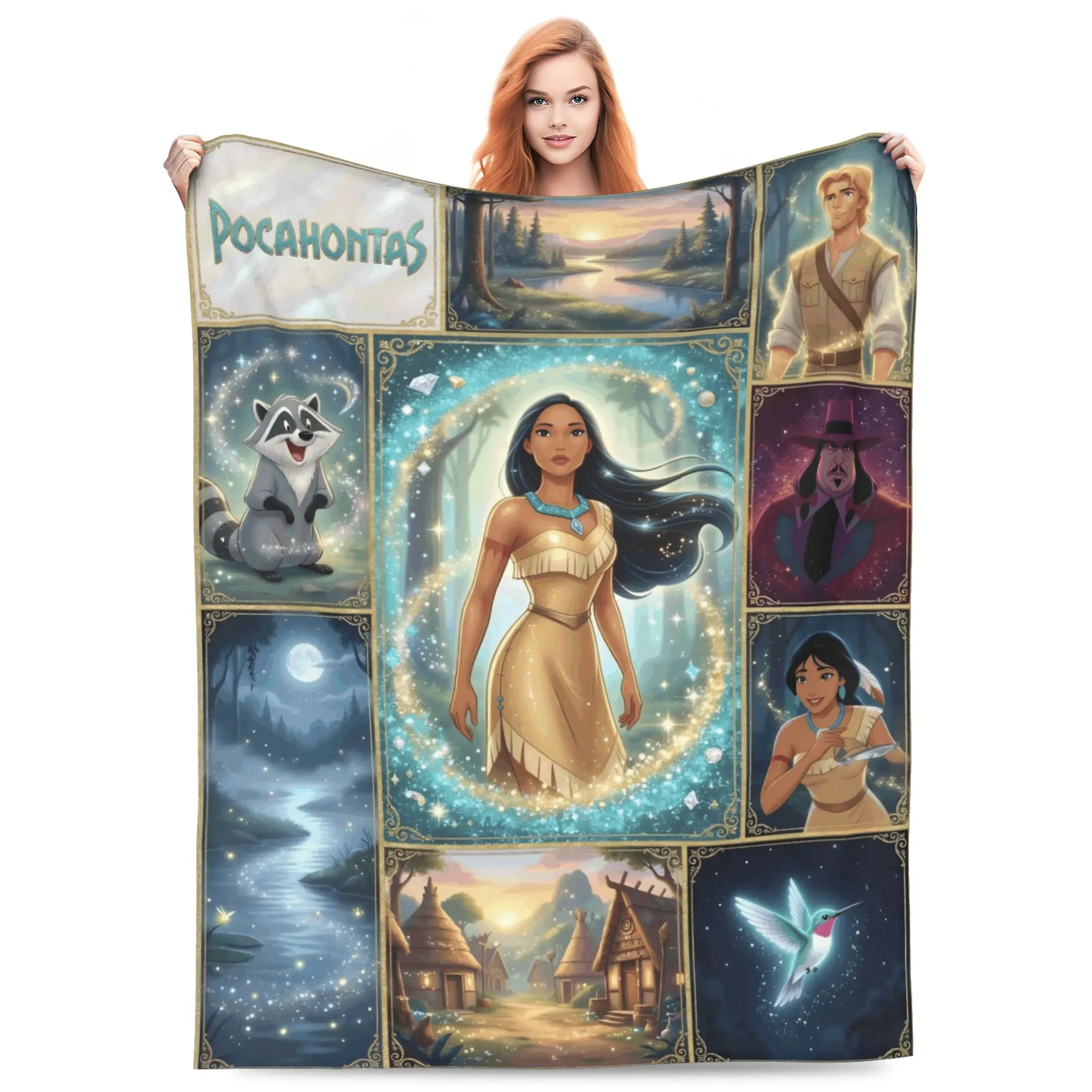 DISNEY CLASSIC Pocahontas Throw Blanket, Golden Frame Grid Collage Meeko Raccoon Flit Hummingbird Forest River Village Cartoon Print Flannel Fleece Blanket, Soft Lightweight Cozy Blanket for Sofa Bed Bedroom, Princess Gift for Girls Kids Women