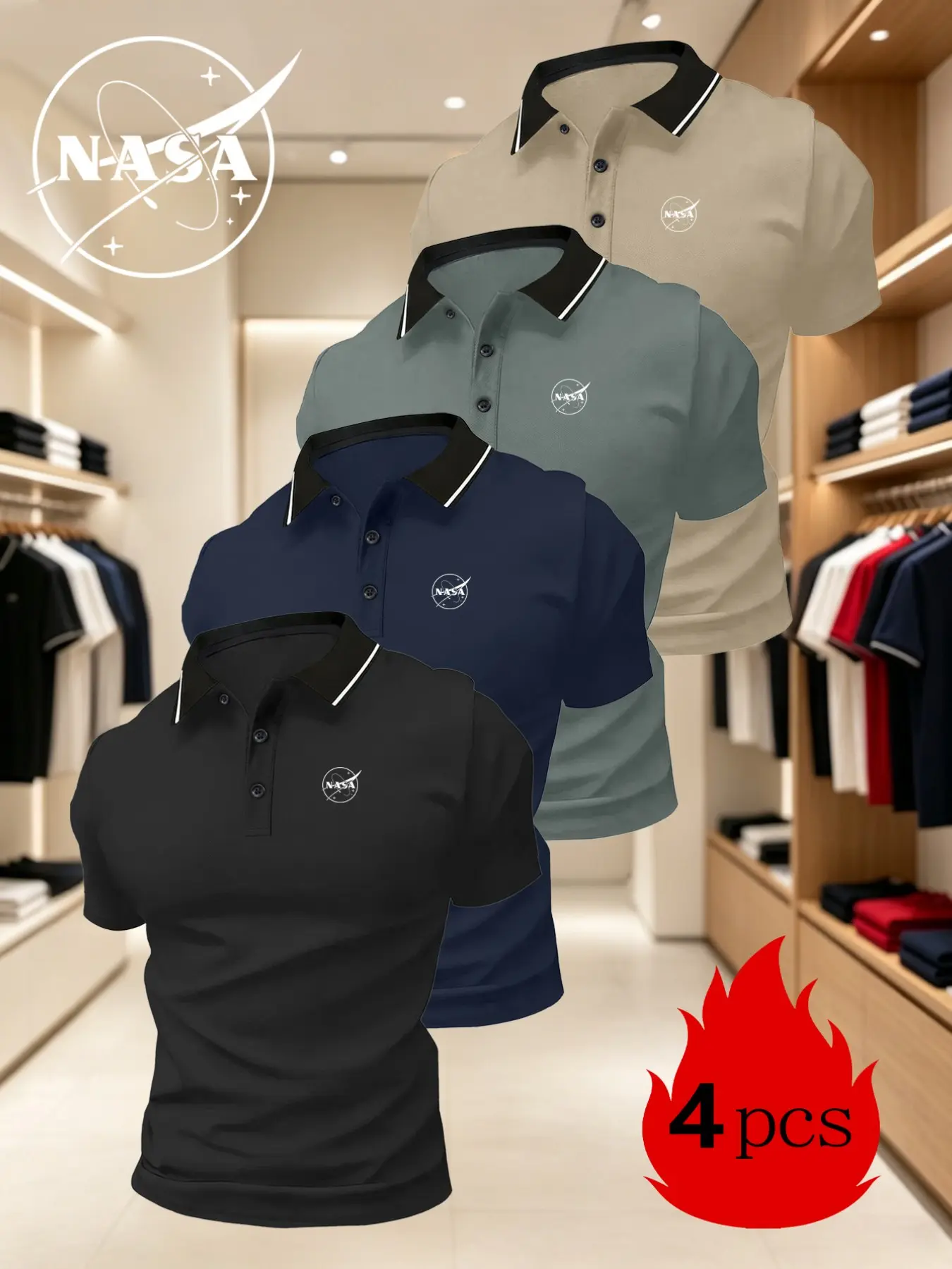 Men's Sporty Quick-Dry Polo Shirts, 4-Pack with Nasa Logo Print, Comfortable Breathable Fabric, Durable Stretch Material