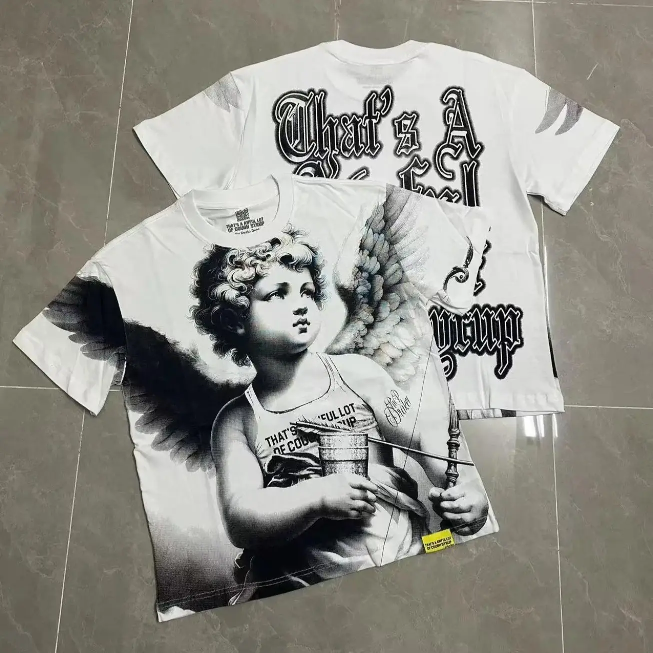Cough Syrup Graphic Vintage Washed T-Shirt, Oversized Cotton Streetwear Tee for Men Women, Cartoon Logo Print Crew Neck Short Sleeve Shirt, Y2K Hip Hop Retro Casual Fashion Top, Unisex Summer Everyday Wear