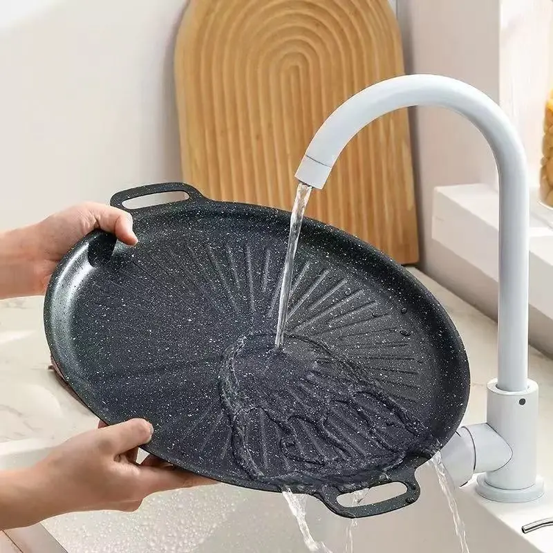 Non-Stick Korean BBQ Grill Pan, Iron Plate Barbecue Pot for Induction Cooktops, Outdoor & Indoor Use, Smokeless Grilling