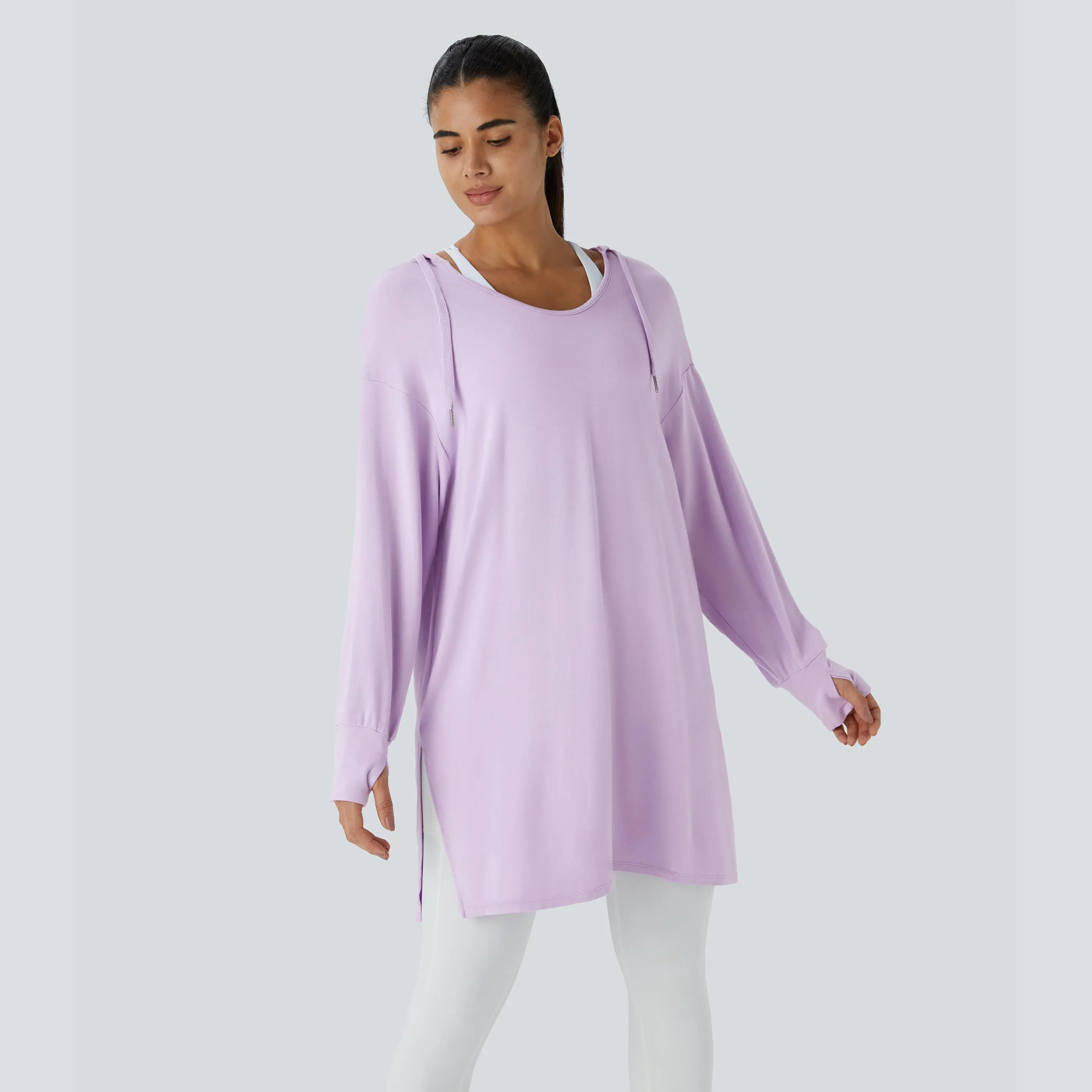 Halara Hooded V Neck Drawstring Thumb Hole Split Longline Casual Sweatshirt