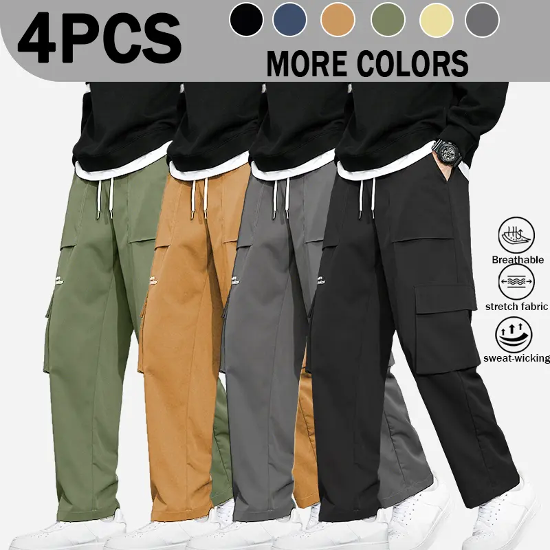 five color optional work pants for men in summer, thin, breathable, quick drying, multi pocket drawstring, loose straight leg, wide leg casual pants