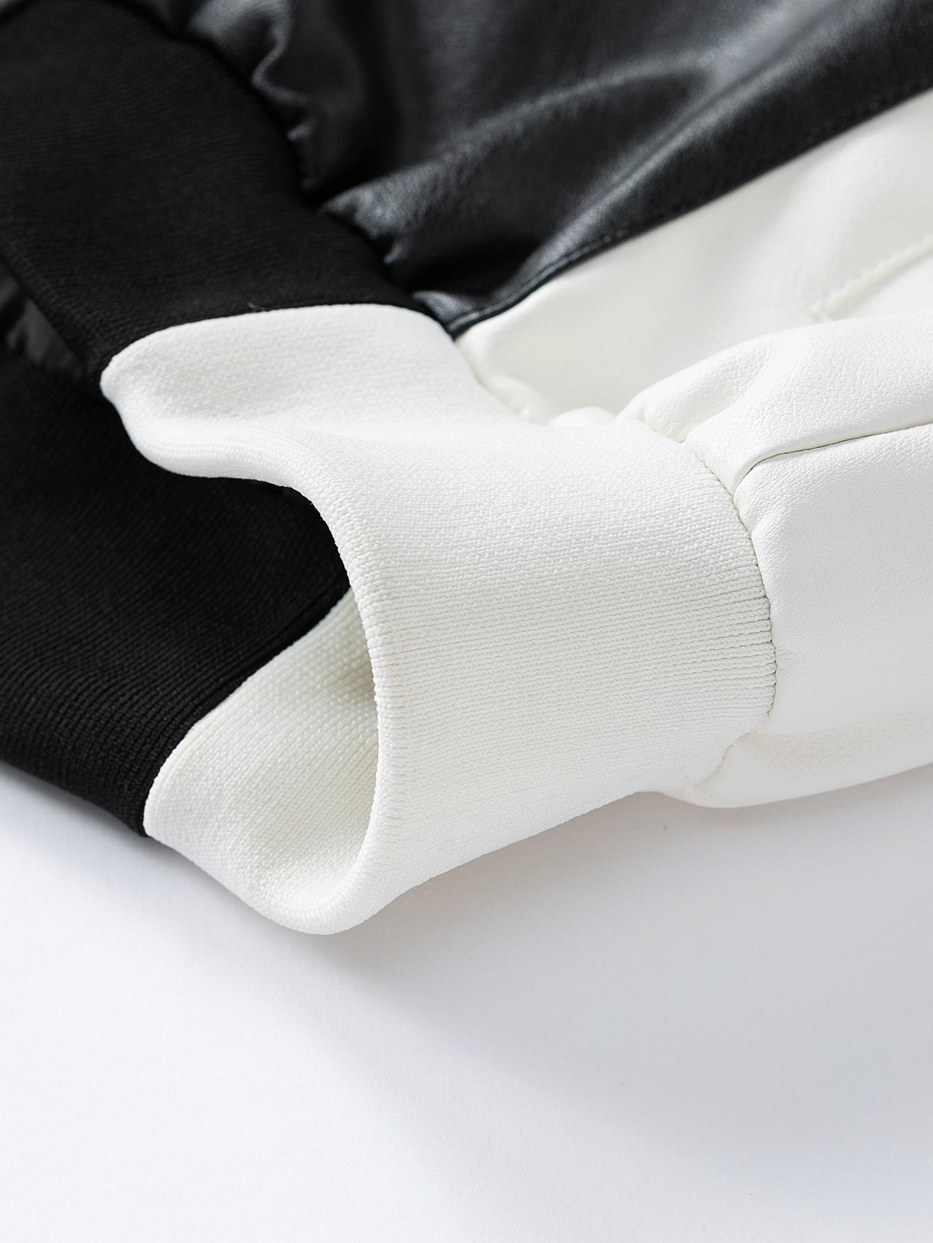 Men's winter new trendy color-blocked stand-up collar motorcycle jacket, PU leather racing suit, stylish oversized lapel coat SpringStatements