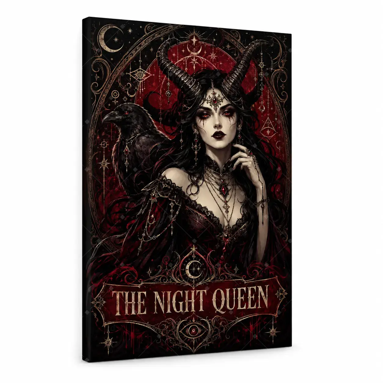 Night Queen Gothic Canvas Wall Art - Red and Black, Bold Red and Black Details Wall Arts, Dark Fantasy Woman Decor, Moody Aesthetic Wood-Frame Option, Unframed Poster or Framed Wrap for Living Room, Bedroom, Ideal Gift