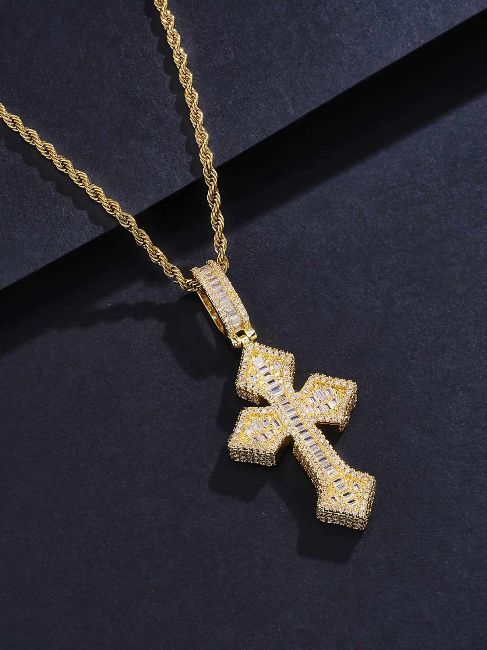Sharp Cross Pendant Necklace, Hip-Hop Style, Full Zircon Rope Chain, Trendy Unisex Streetwear Accessory, All-Season Fashion Jewelry