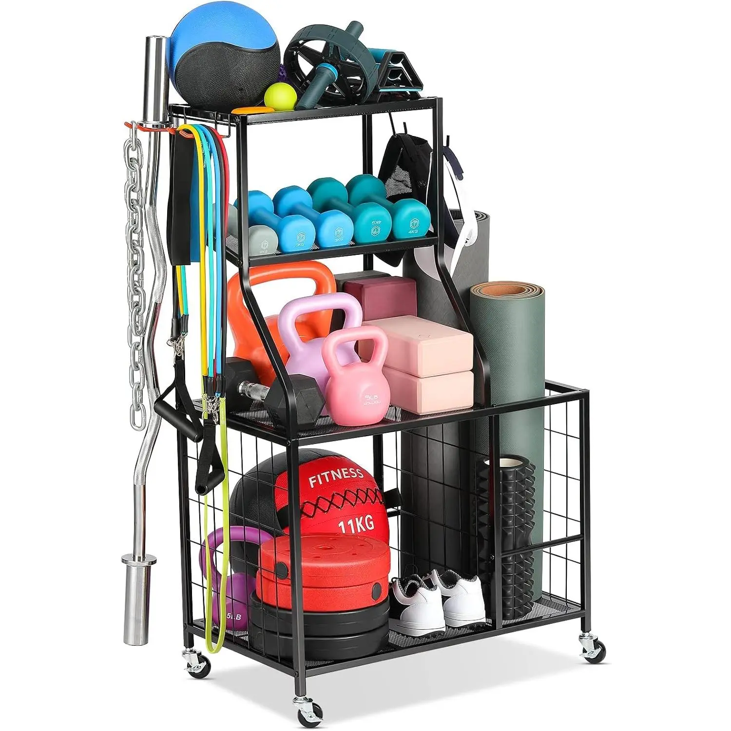 Weight Rack  Gym Storage, Yoga Mat Storage Rack Workout Equipment Storage Rack for Dumbbells Kettlebell Resistance Band, Exercise Equipment Gym Rack Organizer with Wheel and Levelling