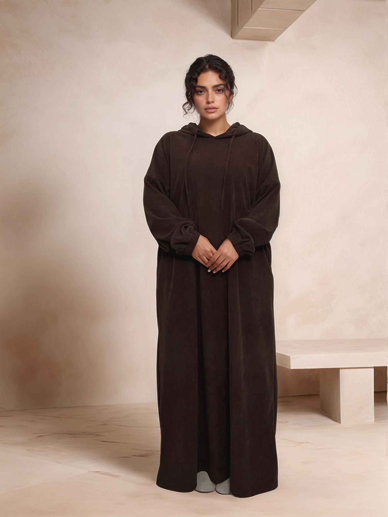 Women's Solid Drawstring Hooded Corduroy Dress, Casual Long Sleeve Dress for Fall & Winter, Women's Islamic Clothing for Daily Wear, Modest Muslim Outfits