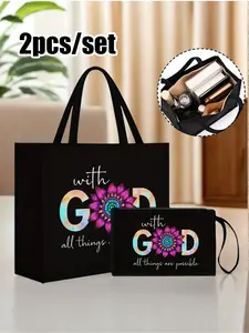 2-Piece Fashion Print Handbag Set, God Theme Large Capacity Travel Organizer, Colorful God Letter Print, Commute Shoulder Bag with Durable Strap