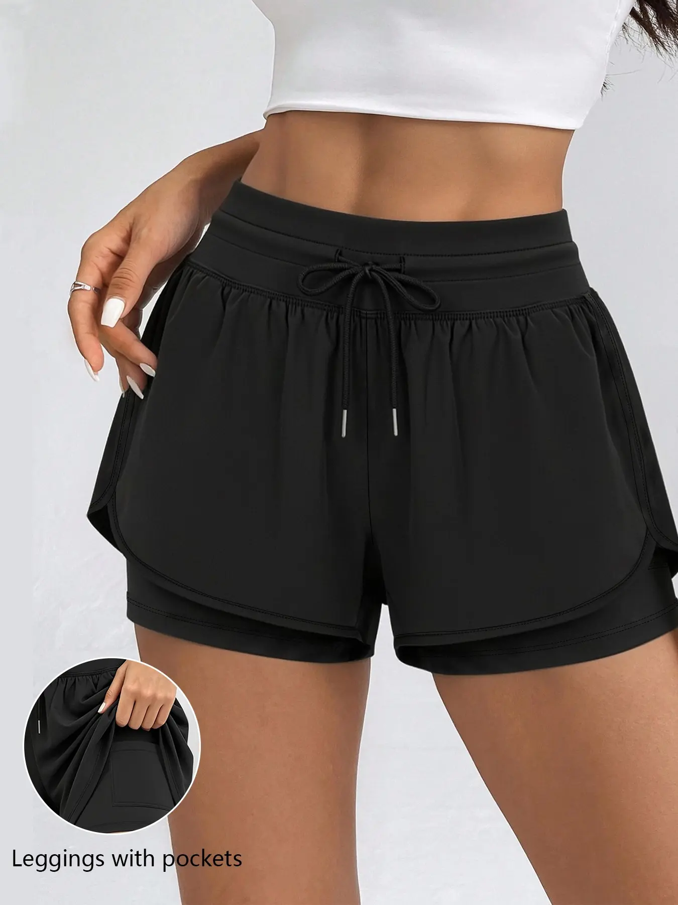 Women's Anti-See-Through Double-Layer Gym Shorts, Pocket Drawstring Quick-Dry Running Gym Shorts, High-Waisted Loose Yoga Training Pants