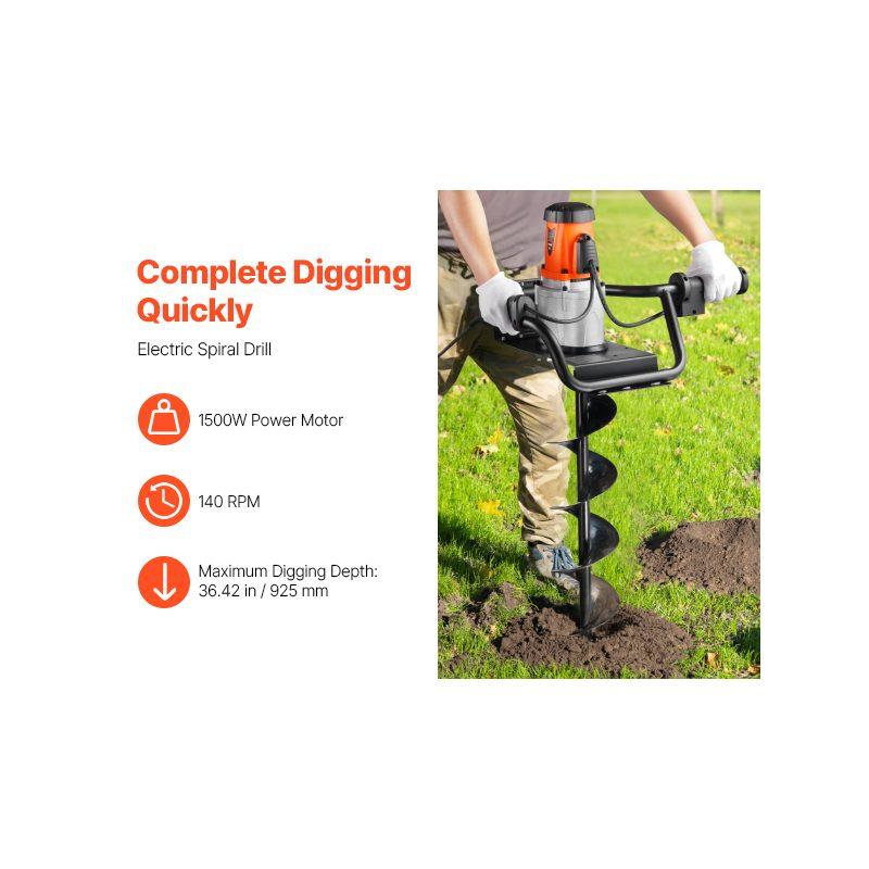 VEVOR Electric Post Hole Digger, 5.71 in Auger Bit with 1500W Powerful Motor, 140 RPM Alloy Steel Earth Auger Drill Bit with 10.24 in Extension Rod, for Post Hole Digging, Drilling Tree Planting