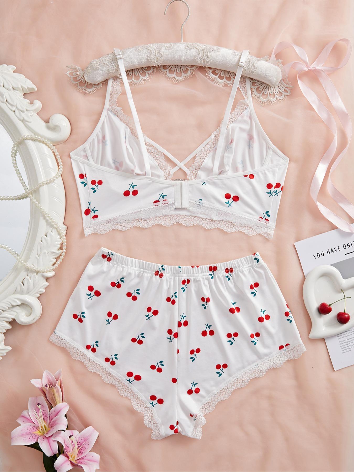 【Plus Size】 Cherry Print Bra & Panty Two-Piece Set, Lady Contrast Lace Detail Bra & Panty, Cheeky Bottoms Plus Size, Women's Underwear Set for All Seasons, Bra Sets