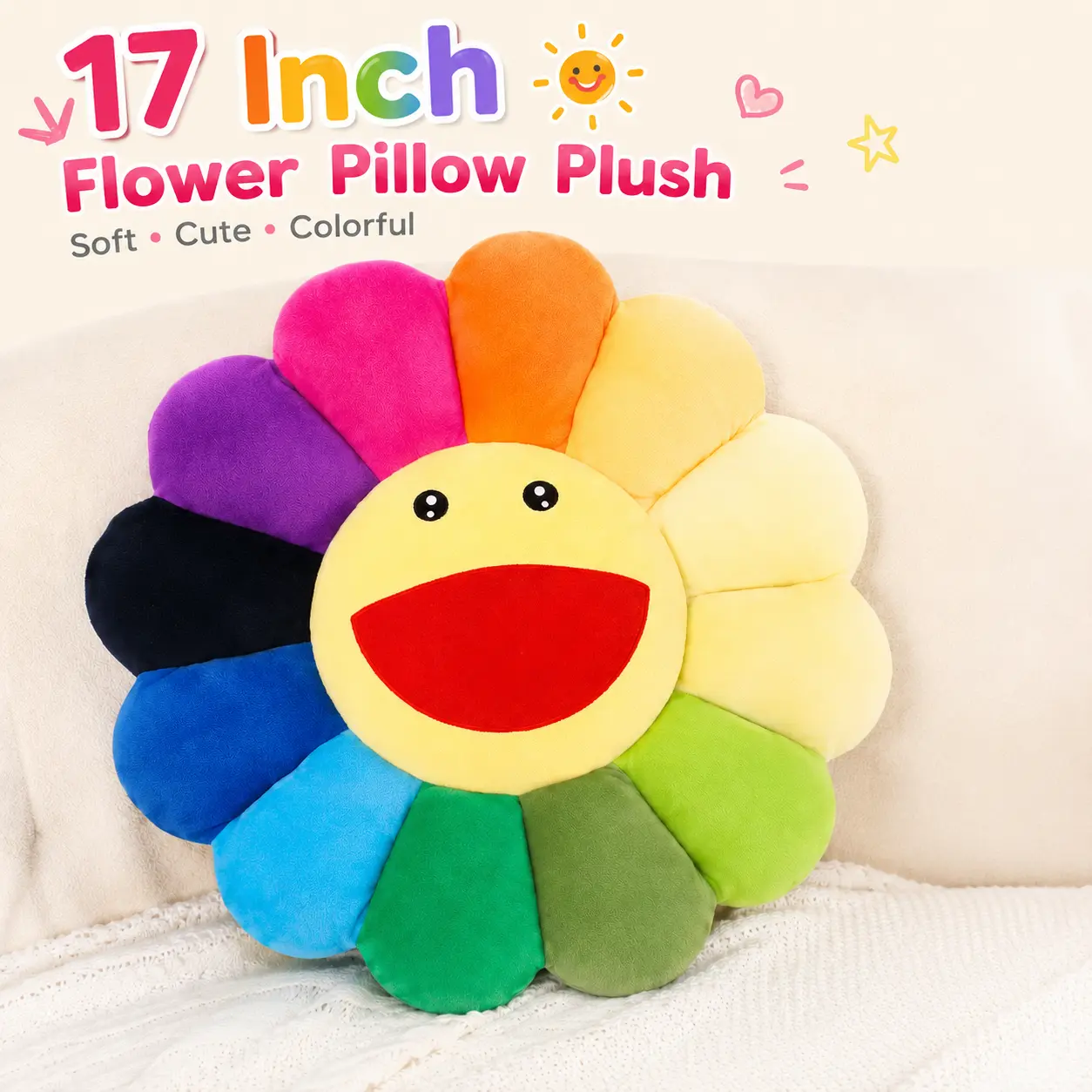 MIUVA 17-Inch Colorful Sunflower Shape Stuffed Pillow, Smile Face Soft Cushion for Bedroom Sofa Chair, Dorm Room & House Decoration, Birthday Gift Option
