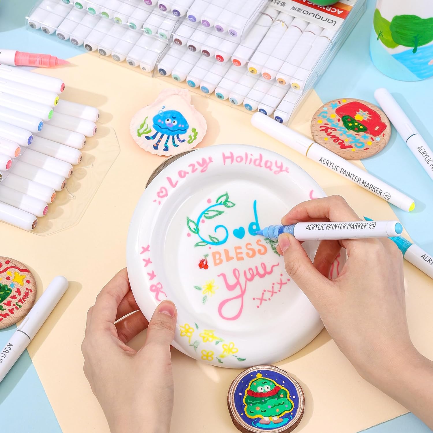 Acrylic Paint Marker Pen Set, 9/36/63/81/126pcs Soft Brush Tip Acrylic Paint Pens Set, Professional Color Series for Rock Painting, Ceramic, Wood, Canvas, Glass, Stone, Fabric, Art Markers Pen