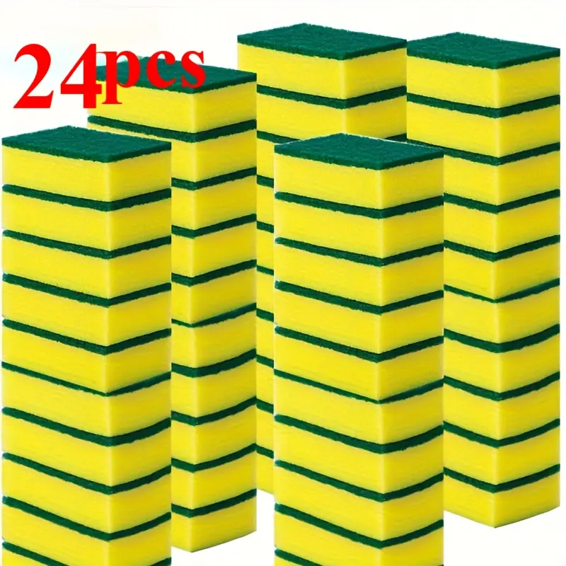 24pcs High Absorbency Kitchen Sponges, Sponges For Dishes - Double-Layer Design with Sand Fiber Handle, Grease and Rust Remover Suitable for Dishware and Cookware Cleaning, Yellow & Green Textured Scrubbing Surface | Commercial and Household Use