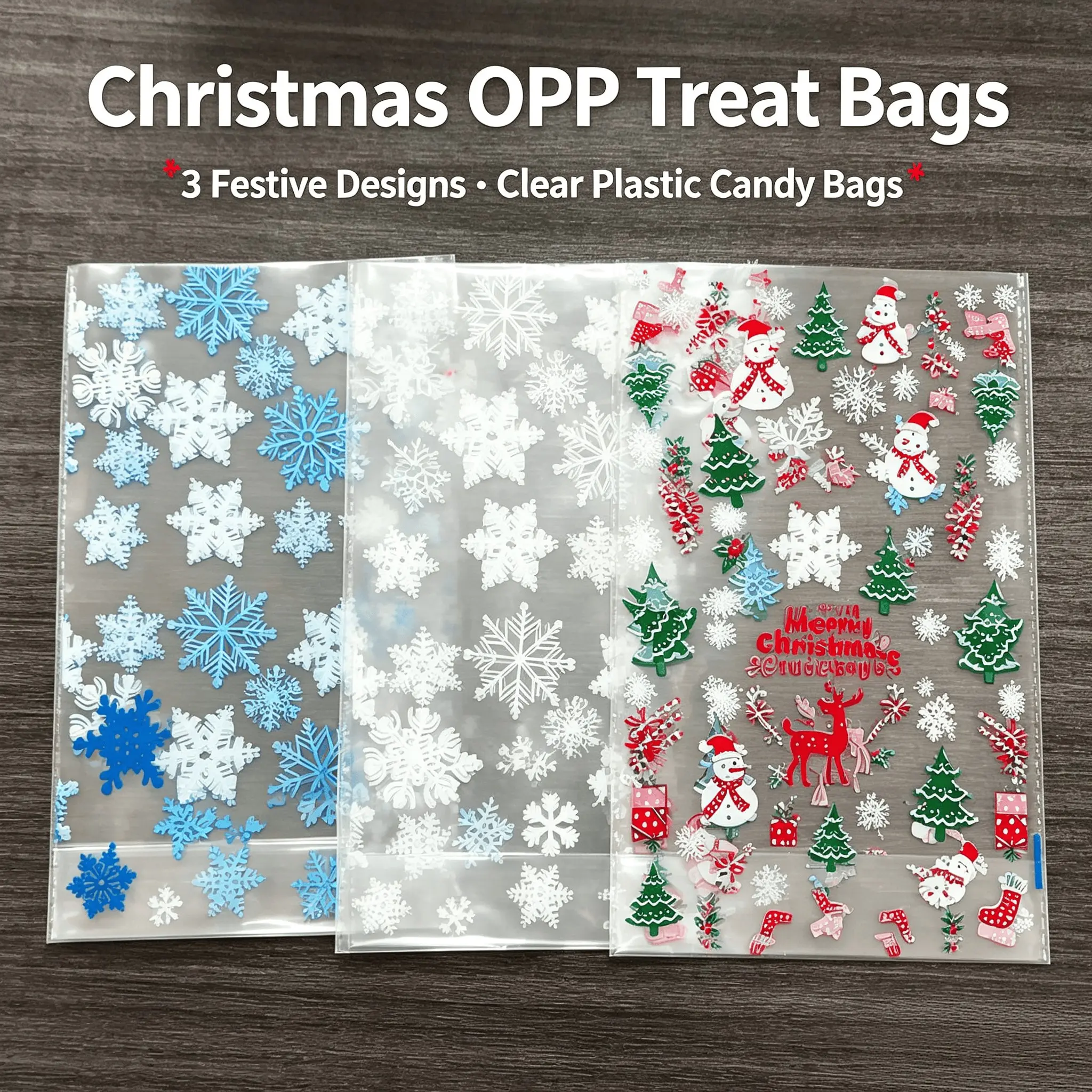 Christmas Printed Opp Flat Cellophane Bags, Clear Plastic Treat Bags, Snowflake & Xmas Tree Design, Candy Cookie Snack Gift Packaging