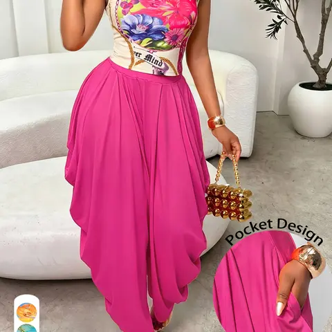 Multicolor Printed Women Top and Trousers 2 Piece Set, One Shoulder Sleeveless Top, Elastic Waist Trousers With Pockets for Daily Wear