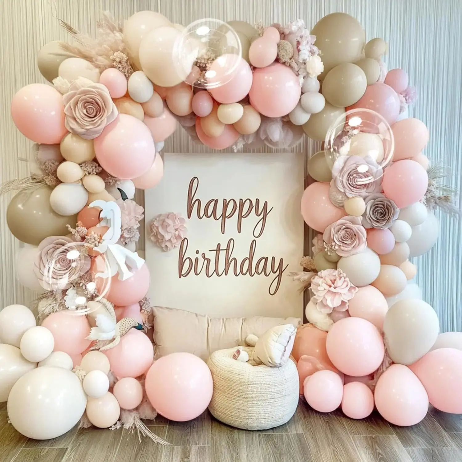 Boho White Synthetic Sand Garland Balloon Arch Kit (12in x 8), 1 Set Multi-Size Long-Lasting Pastel-Cream-Beige Stuffed Decor with Light Blush Nude Balloons, Pump, Rubber Accents for Engagement Party Decor (Indoor/Outdoor, Memorial Day Use), Balloon Decor