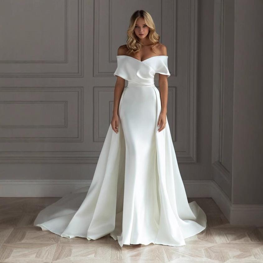 2026 New Light Wedding Dress, Off-the-Shoulder, Slim-Fit, Elegant, Body-Shaping, Sexy White Train Evening Dress for Women