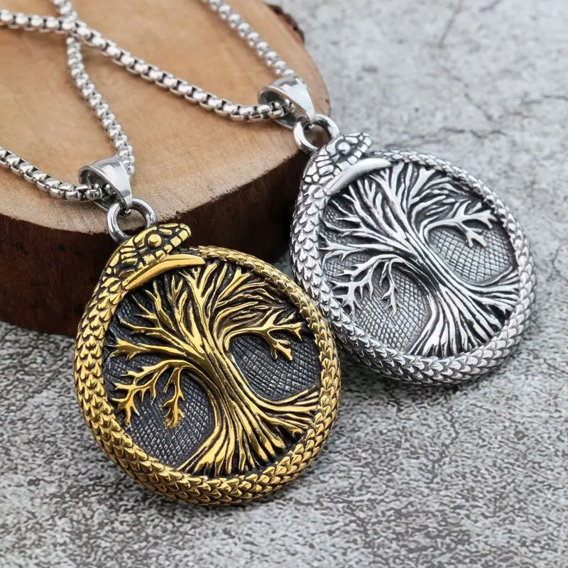 Vintage Stainless Steel Tree of Life Pendant Necklace for Men Double Sided Design Retro Amulet Jewelry Street Daily Wear Gift
