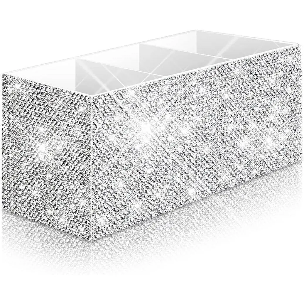 Bling Makeup Brush Holder Organizer, 3 Slot Sparkle  Brushes Storage Holders with Shiny Rhinestones, Glitter Cute Pen and Pencil Holder for Desk, Eyeliners Display Case for (White)