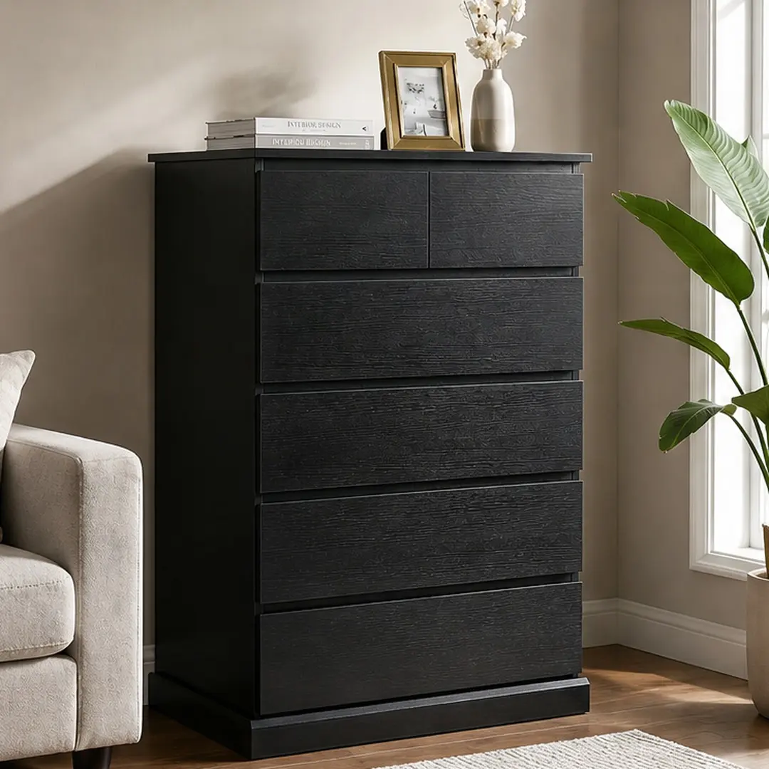 Black MDF 6-Drawer Modern Vertical Dresser - Tall Concealed-Handle Anti-Tip Wood Storage Cabinet, Bedroom Decor Ideas, Easy Assembly, Contemporary Style for Bedroom, Living Room