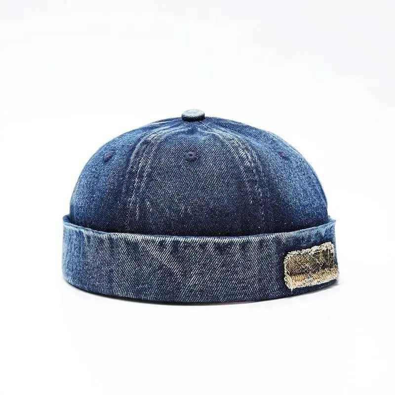 Unisex Vintage Denim Docker Cap, Distressed Washed Miki Sailor Hat with Rolled Cuff Brimless Design, Lightweight Breathable Streetwear Cap for Outdoor Activities, Travel, Casual Daily Wear and Summer Fashion