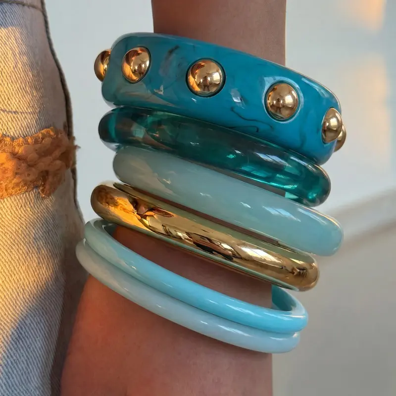 Boho Resin Exquisite High Quality Bracelet Set, Blue Maroon Color, Imitation Turquoise Metal Rivets, Transparent Acrylic Jade, Layered, All Seasons
