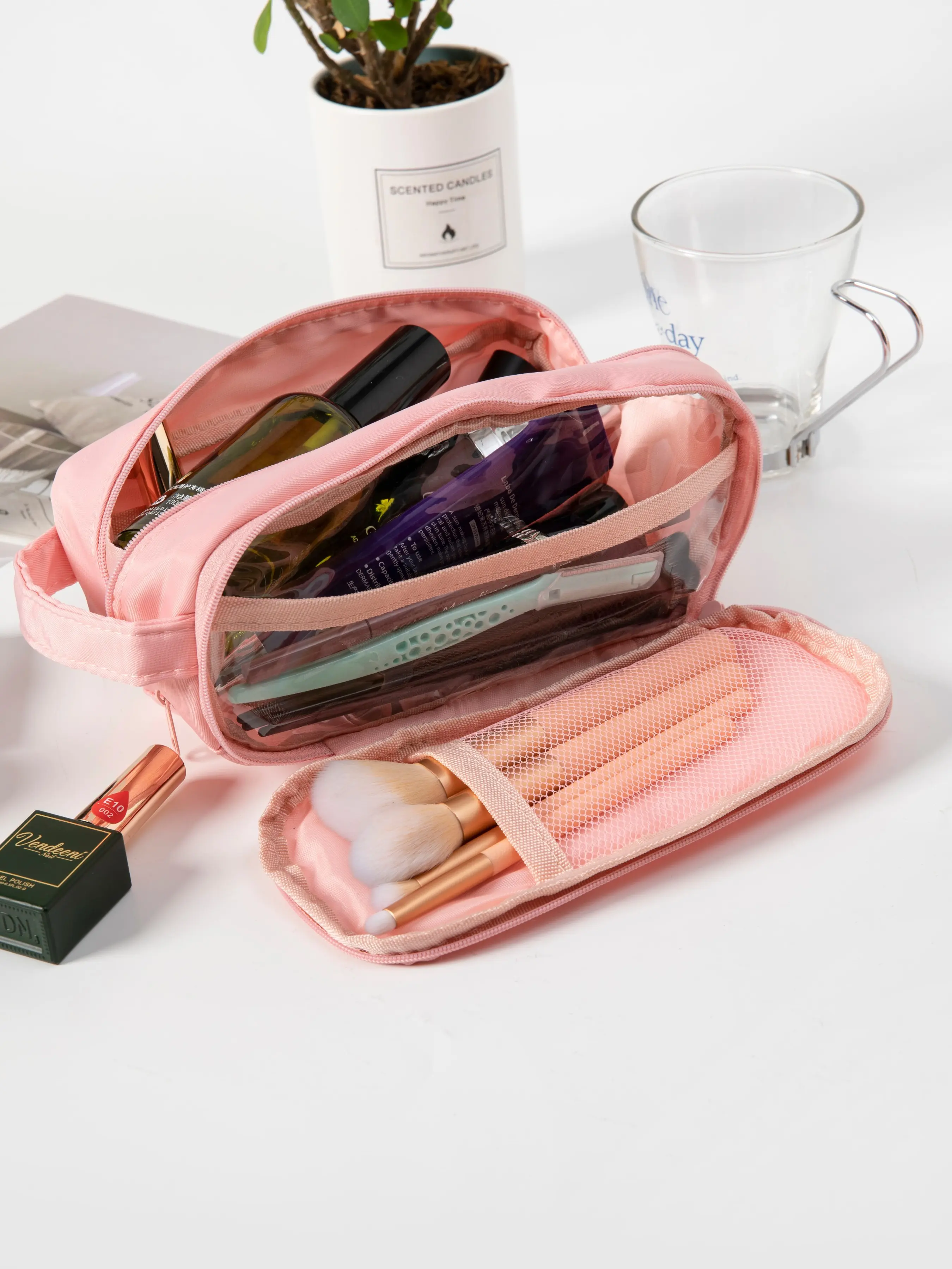 Multi-Compartment Large Capacity Cosmetic Hand Bag, Portable Aesthetic Travel Organizer, Versatile Storage Pouch for Makeup & Stationery