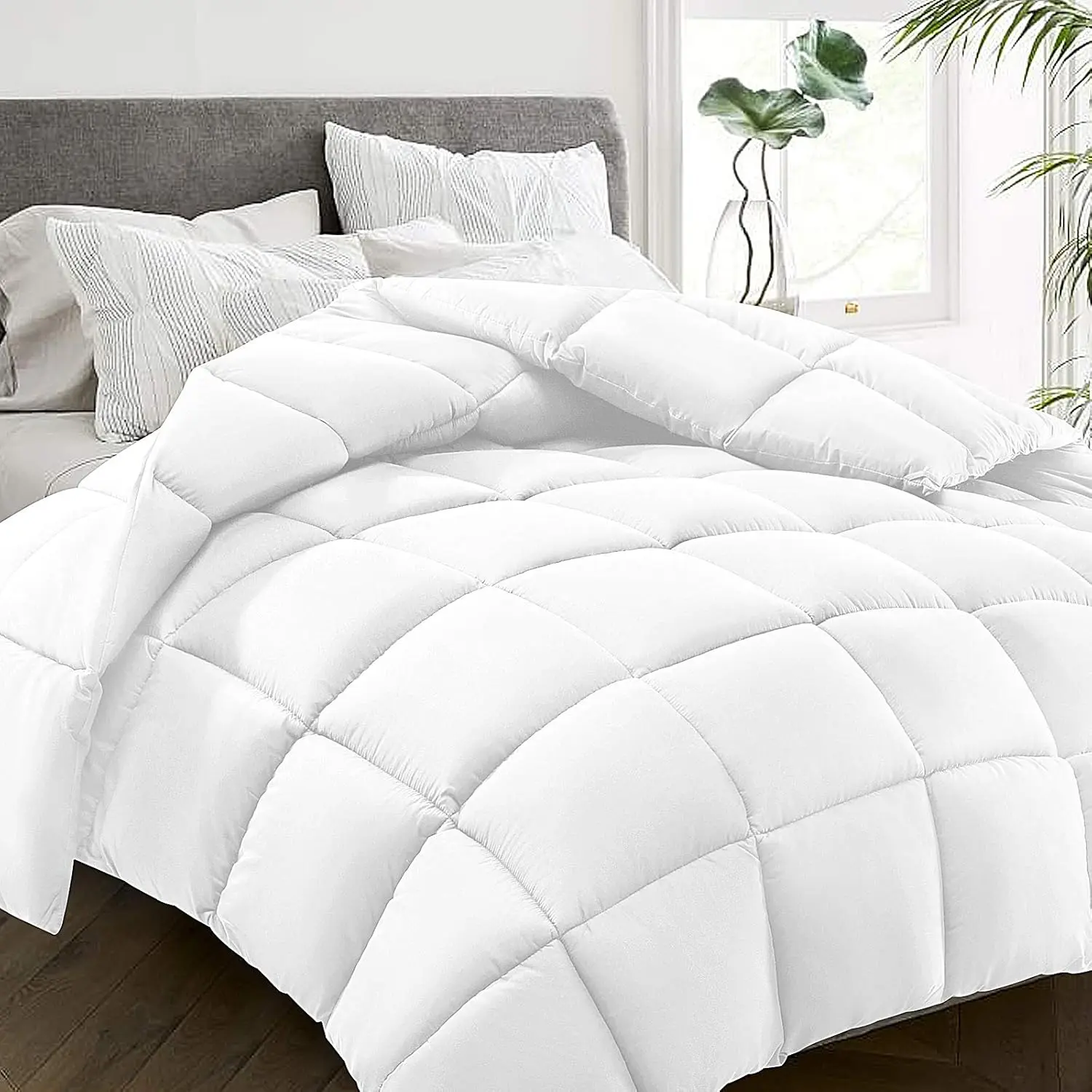 All Season Queen Size Bed Comforter - Cooling Goose Down Alternative Quilted Duvet Insert with Corner Tabs - Winter Warm - Machine Washable - White