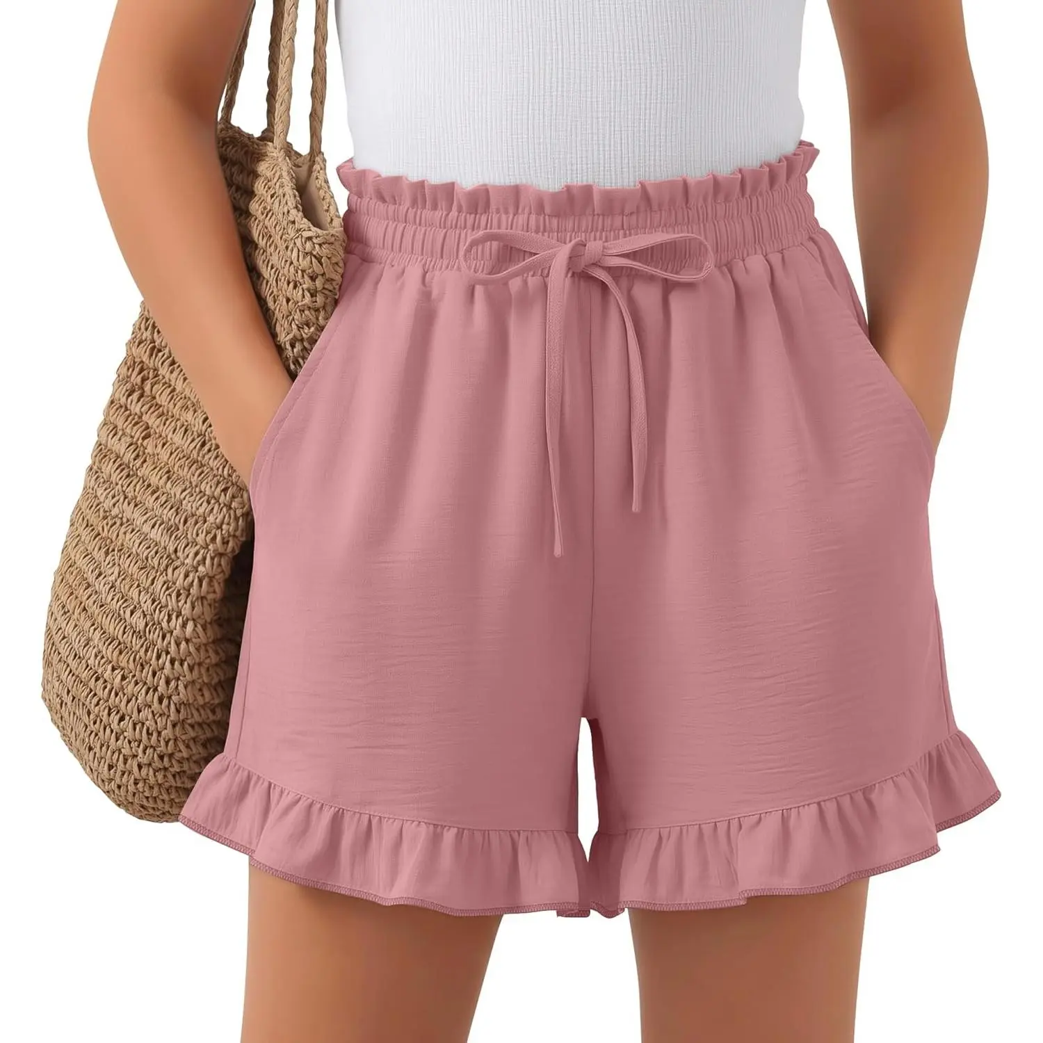 Girls' Casual Ruffled High-Waisted Plain Solid Color Loose-Fitting Shorts with Pockets, Above-Knee Length Kids Clothes for 5-14Y, 8-9Y Size Option