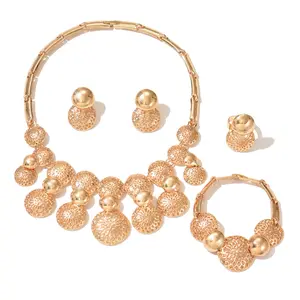 4Pcs 18K Gold Plated Hollow Floral Filigree Bib Jewelry Set, Graduated Round Disc Statement Necklace Drop Earrings Bracelet Ring, Luxury Bridal Gold Jewelry For Wedding Eid Party Gala