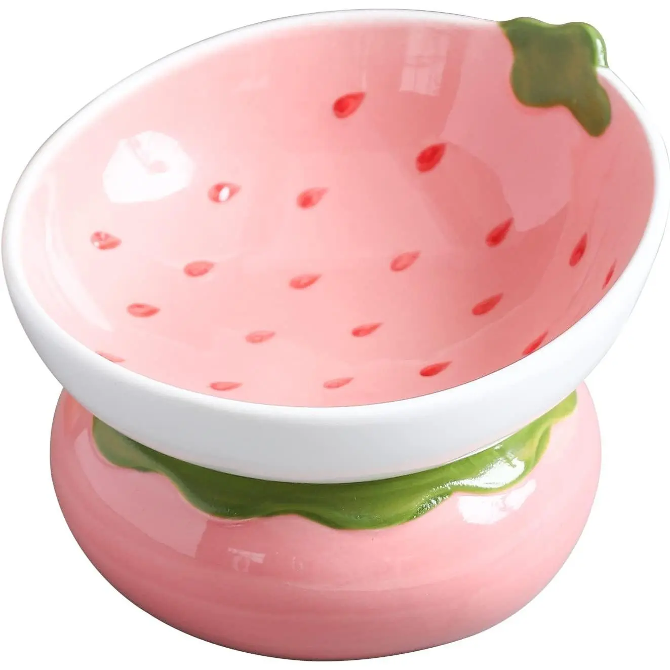 Pink Strawberry Shaped Ceramic Raised Cat Bowl - Elevated Tilted Food Bowl for Indoor Flat-Faced Cats and Kittens, Anti-Vomiting & Spine Protection Cute Cat Food Dish