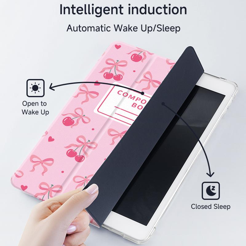 Cute Cherry Pattern Tablet Case with Pen Slot, Foldable Tablet Protective Cover, Tablet Accessories, Tablet Casing Compatible with iPad