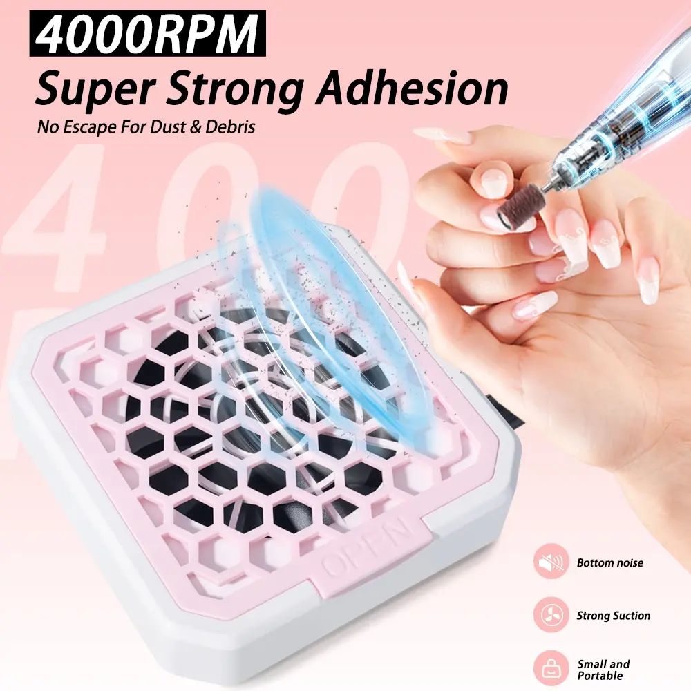 Advanced Compact Nail Dust Collector, Portable & Strong Suction Vacuum Fan Dust Extractor with Honeycomb-Shaped Removable Dust Cover, 4000 RPM Nail Dust Fan with Reusable Filter, Low Noise Dust Collector, for Acrylic Nails Polish, for Salon