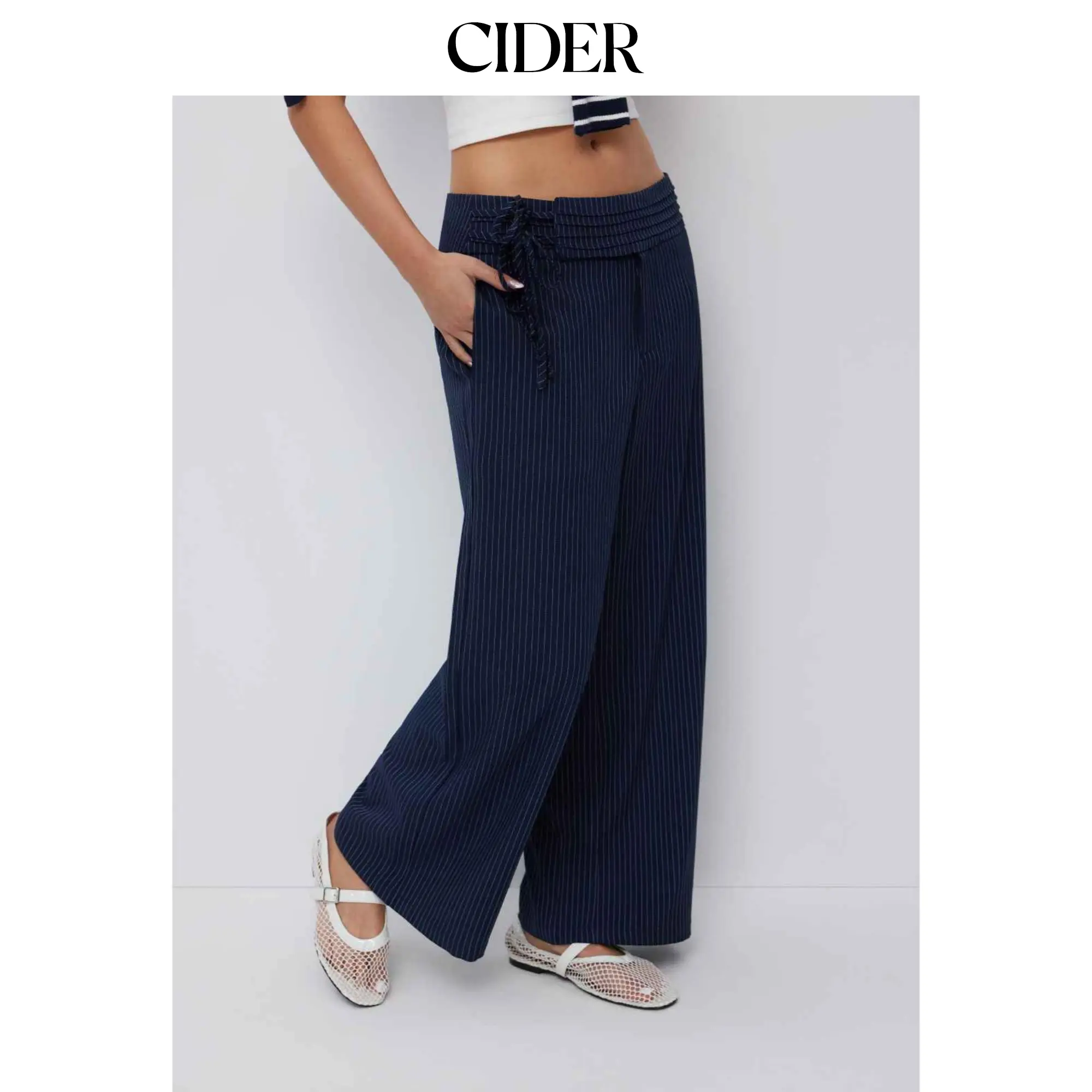 Cider Low Rise Striped Tie Side Ruched Straight Leg Trousers