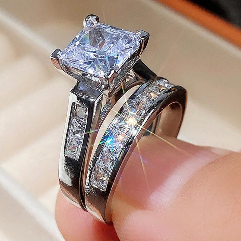 2-Piece Set Fashion Sparkling Cubic Zirconia Rings for Women - Valentine's Day Gift, Wedding Anniversary, Party Jewelry, Bridal Accessory & Romantic Couple Rings