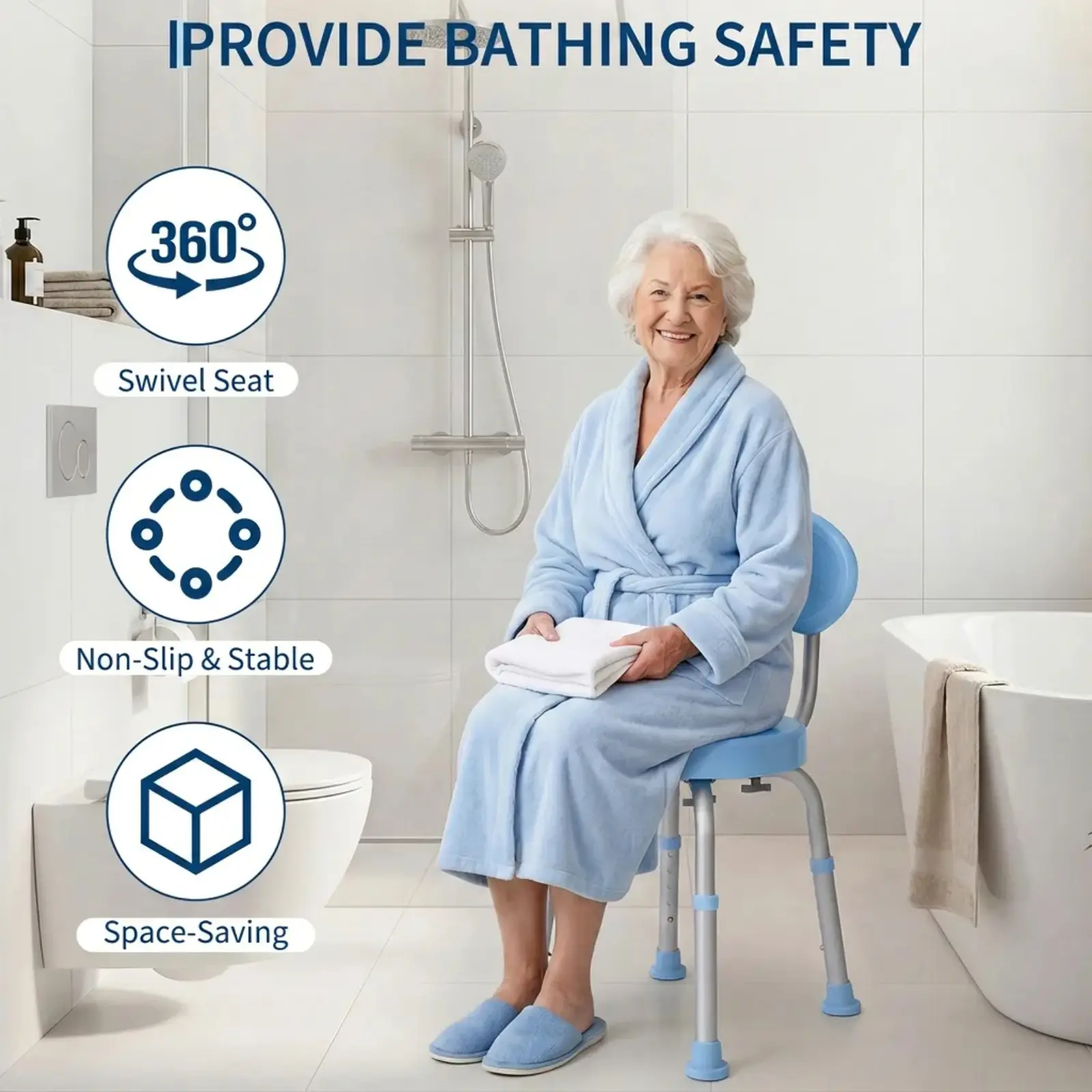 Shower Chair, 360° Swivel Shower Chair with Backrest and Shower Head Holder, 6-Height Adjustable Bath Stool with Non-Slip Aluminium Frame, Bathroom Seat for Elderly, Disabled and Pregnant Users