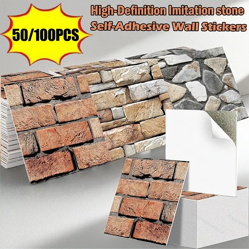 50/100pcs 3D Brick Texture Self-Adhesive Wall Panels, Peel and Stick Panels for Walls, High Clarity, Waterproof, Modern Industrial Style, Easy Installation, Home Decor