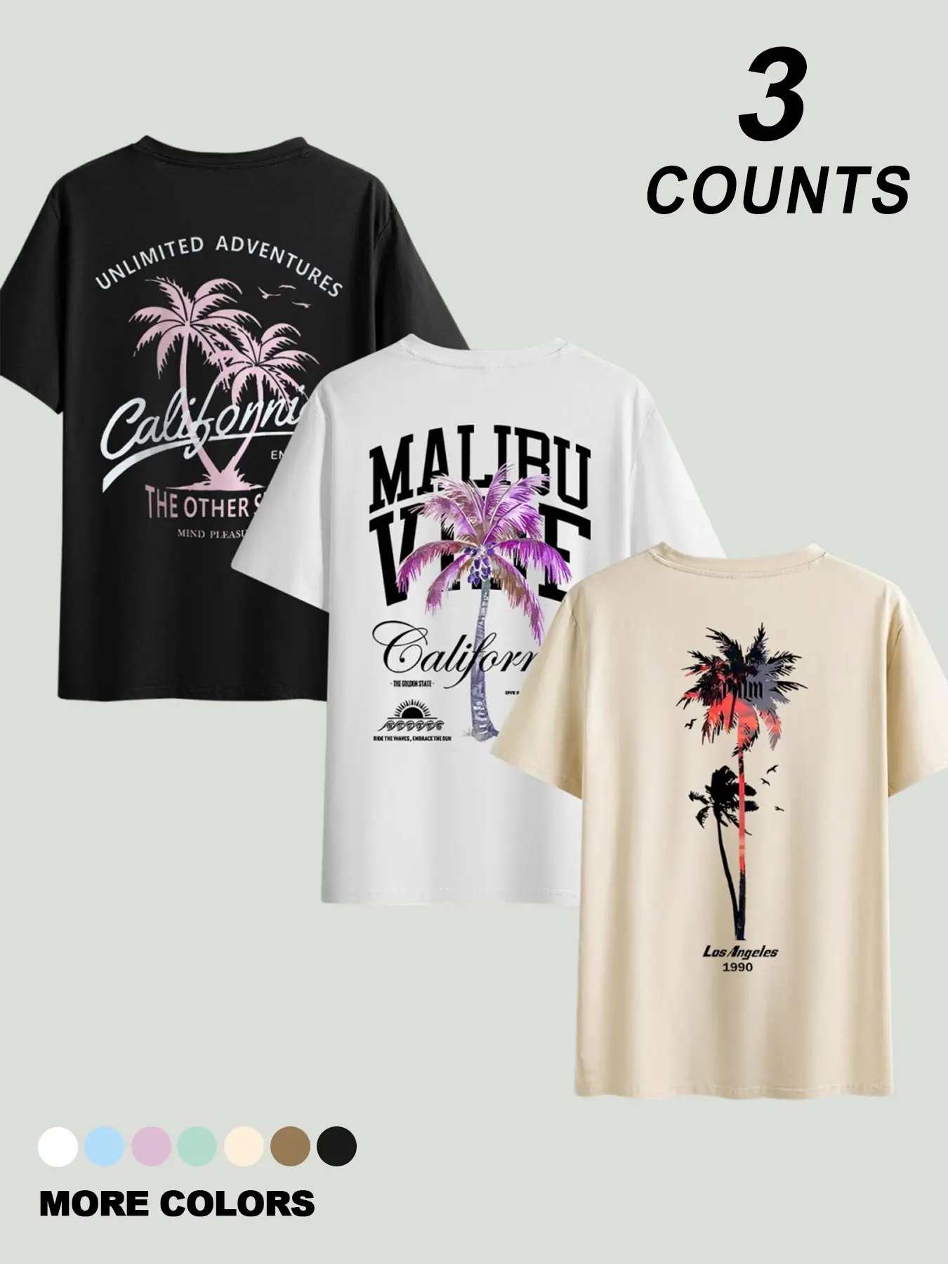 3-Pack Summer Men's T-Shirts, American California Coastal Print, 3 Different Patterns, Comfortable Skin-Friendly Fabric, Ideal for Layering or Solo Wear