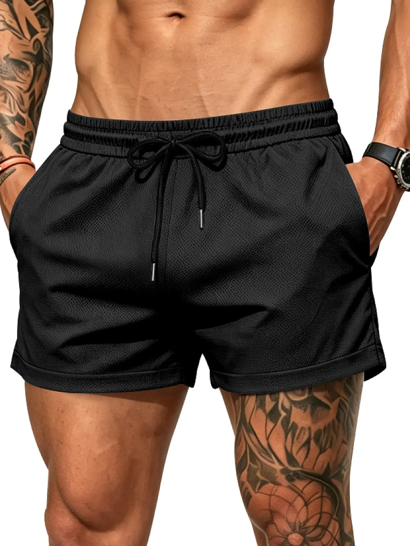 Men's Sporty Breathable Three-Quarter Shorts, Loose Fit Drawstring Quick-Dry Beach Swim Trunks, Summer Fitness Vacation Daily Wear, Drawstring Sports Shorts
