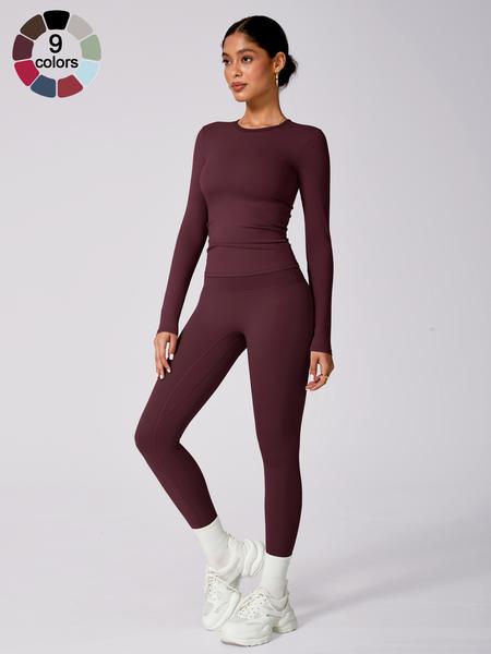 Women's Solid Long Sleeve Tee & High Waist Leggings Tracksuit Set, Sporty Round Neck Top & Skinny Pants Outfits for Gym Workout Running, Ladies Fall & Winter Sportswear, Sweatsuit Sets