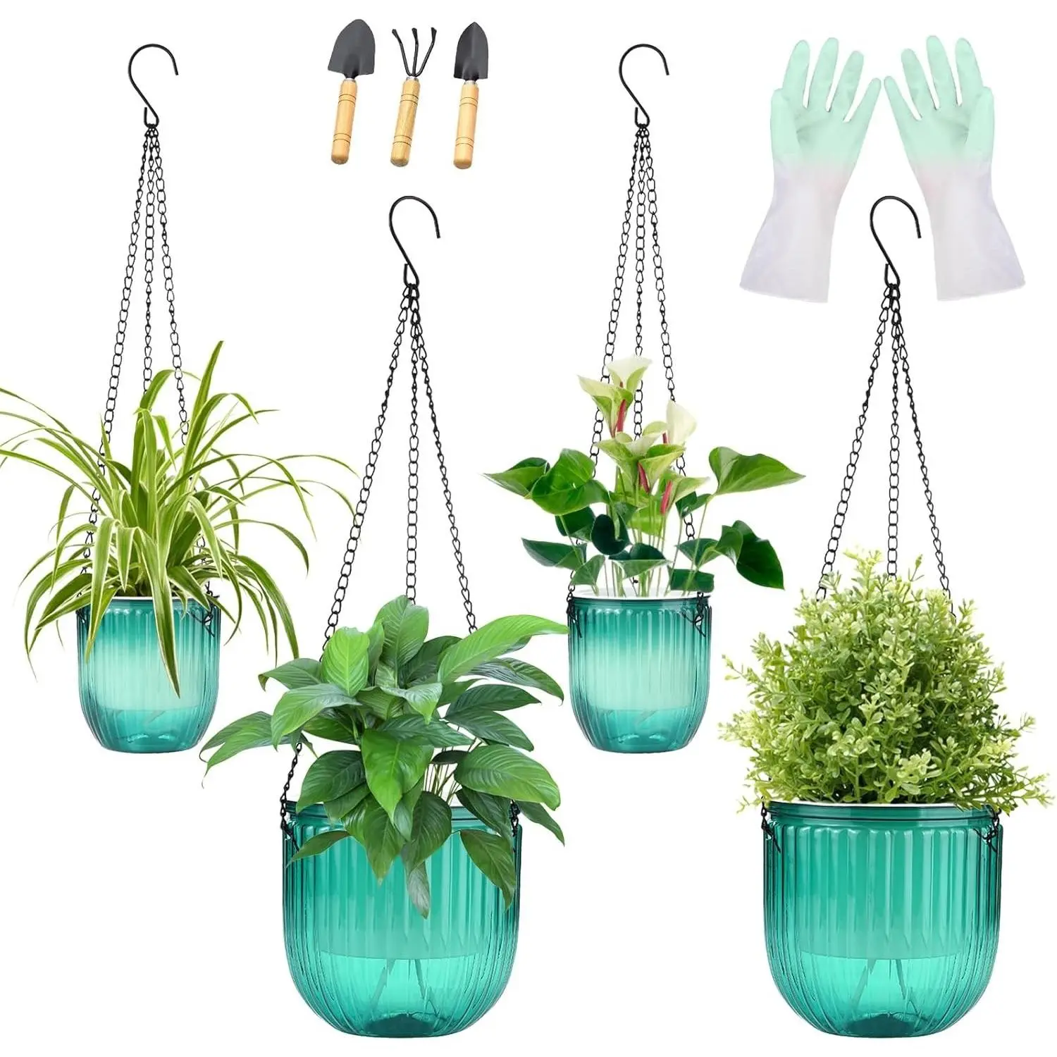 4 Pack Self Watering Hanging Planters with Drainage Holes –Hanging planters for Indoor Plants, Flowers, Succulents – Lightweight, Durable Hanging Baskets Green